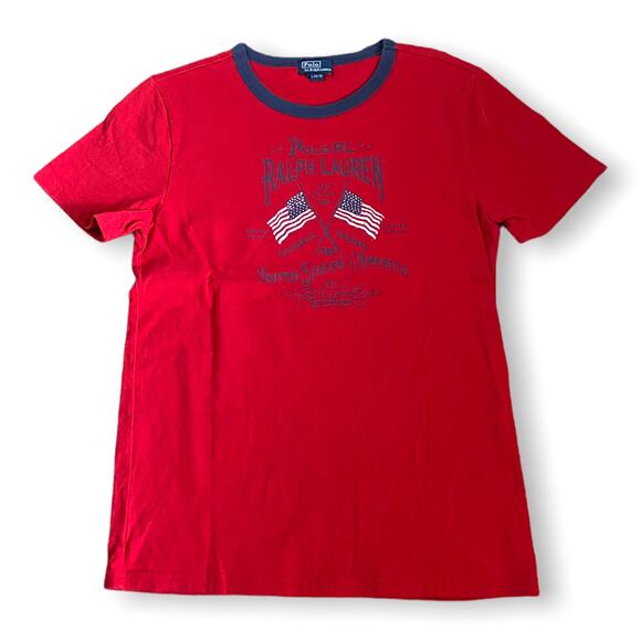 Ralph Lauren Polo Boys Shirt L 14 16 Red Navy Blue Tee USA America Flags Patriot - Picture 1 of 5
